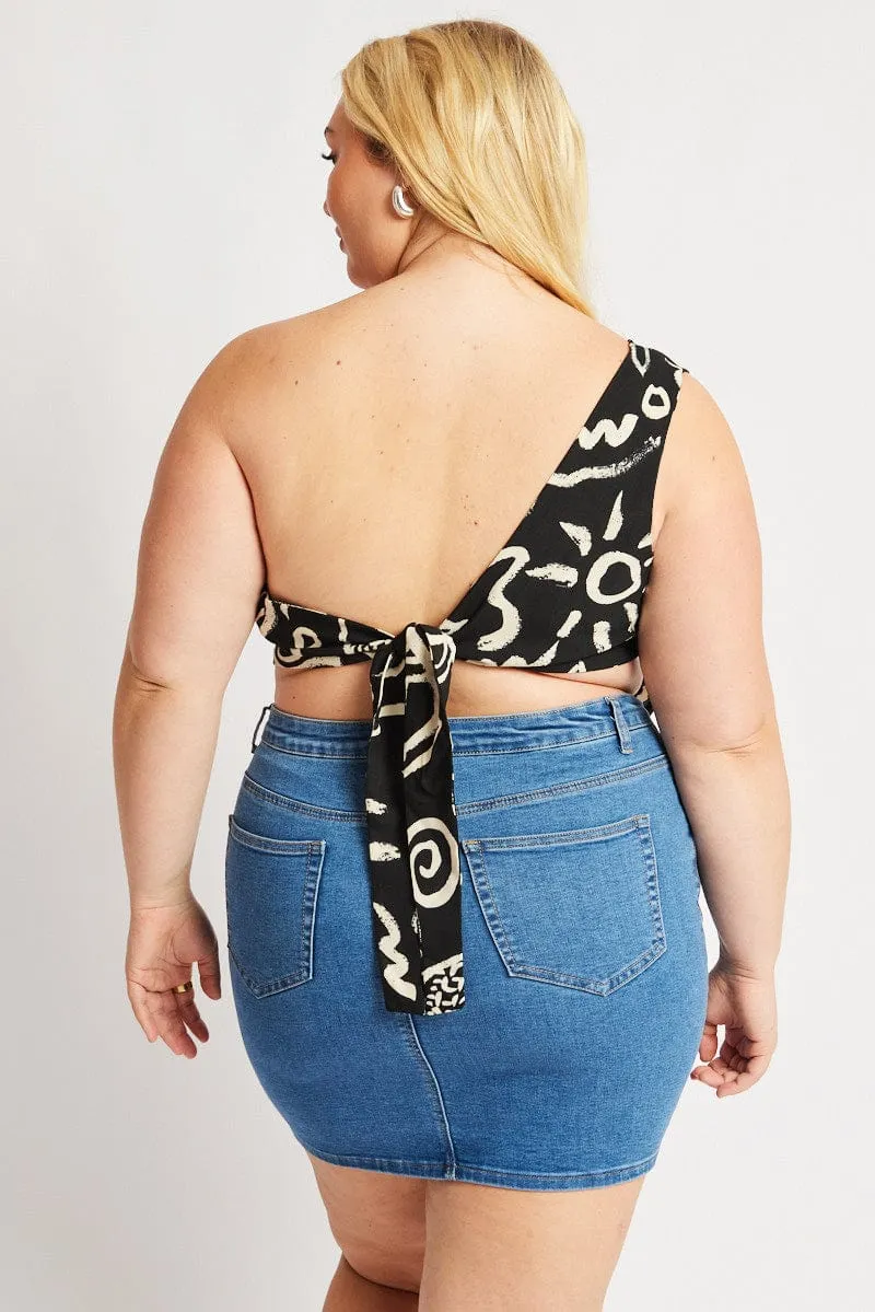 Black Abstract Scarf Top One Shoulder