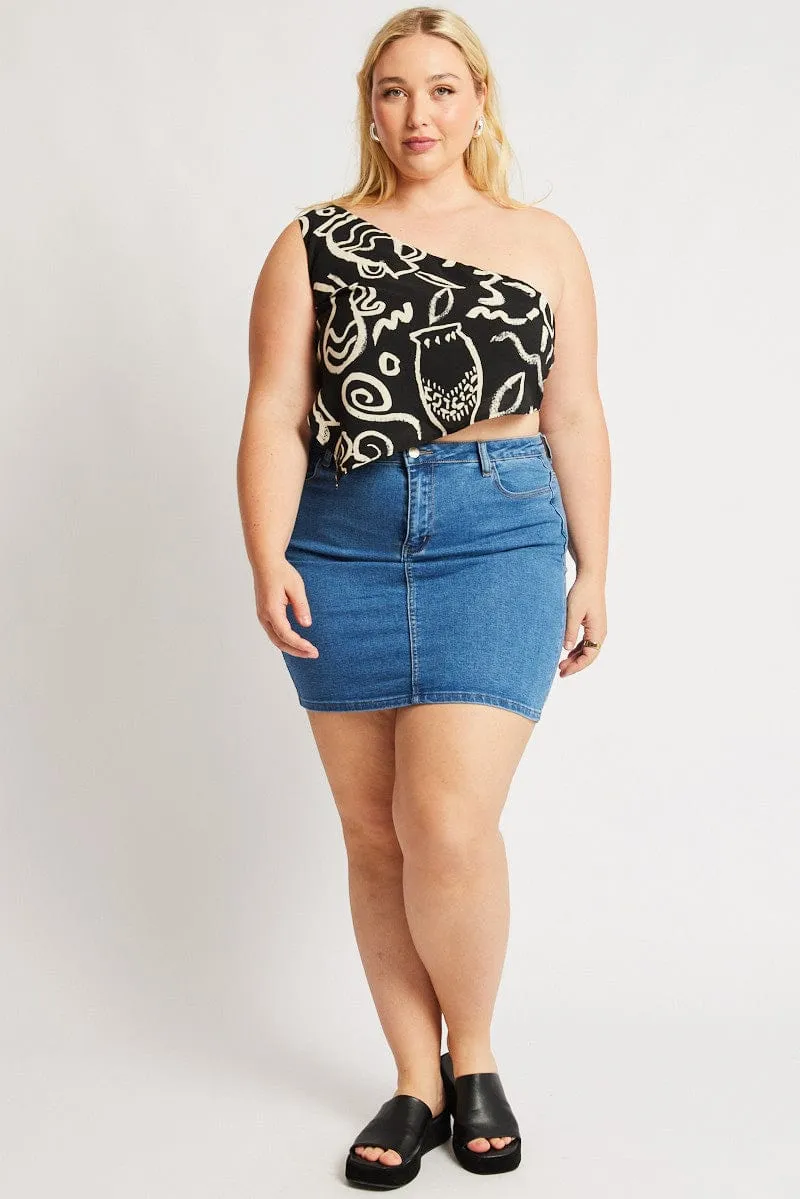 Black Abstract Scarf Top One Shoulder