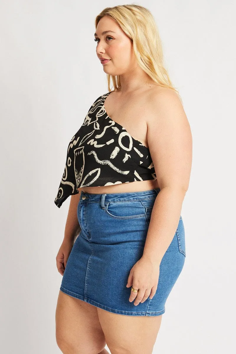 Black Abstract Scarf Top One Shoulder