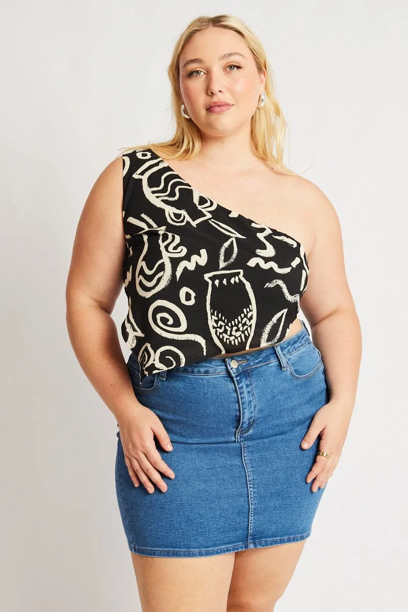 Black Abstract Scarf Top One Shoulder