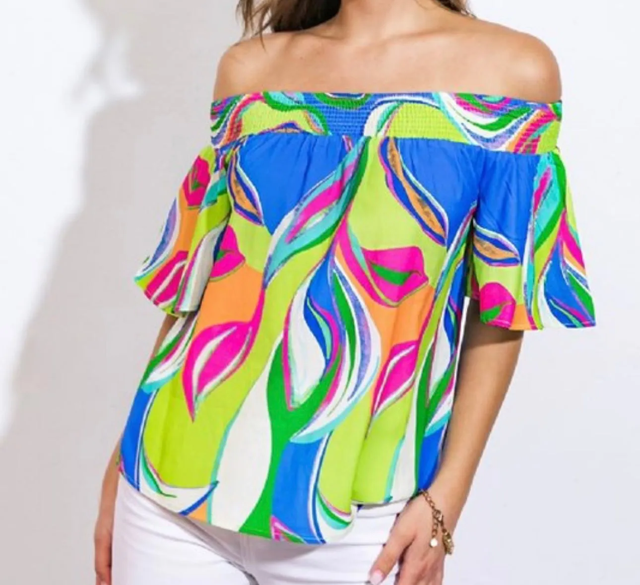 Blue/Green Off-shoulder Print Top