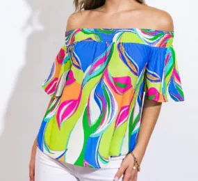 Blue/Green Off-shoulder Print Top
