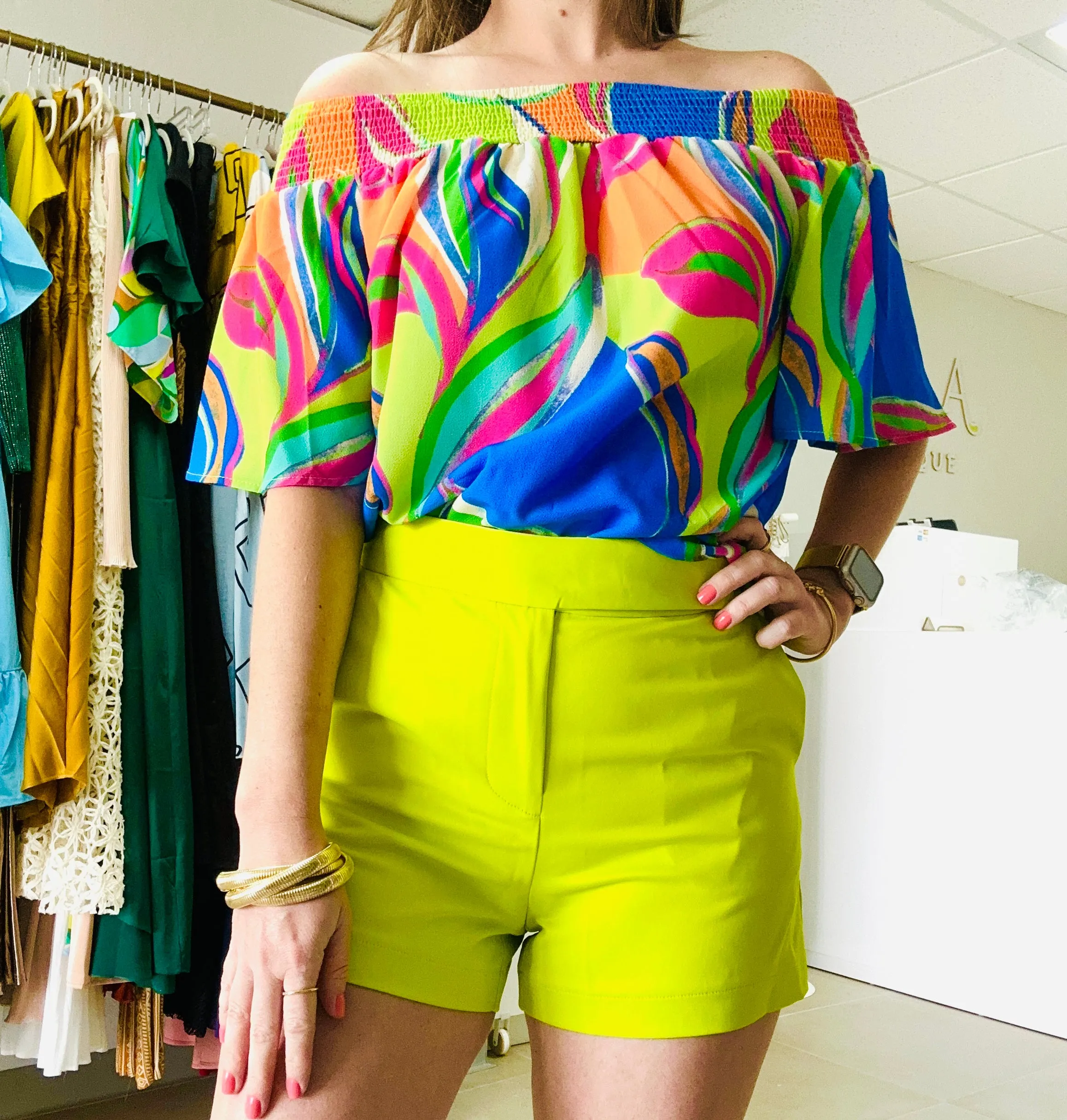 Blue/Green Off-shoulder Print Top