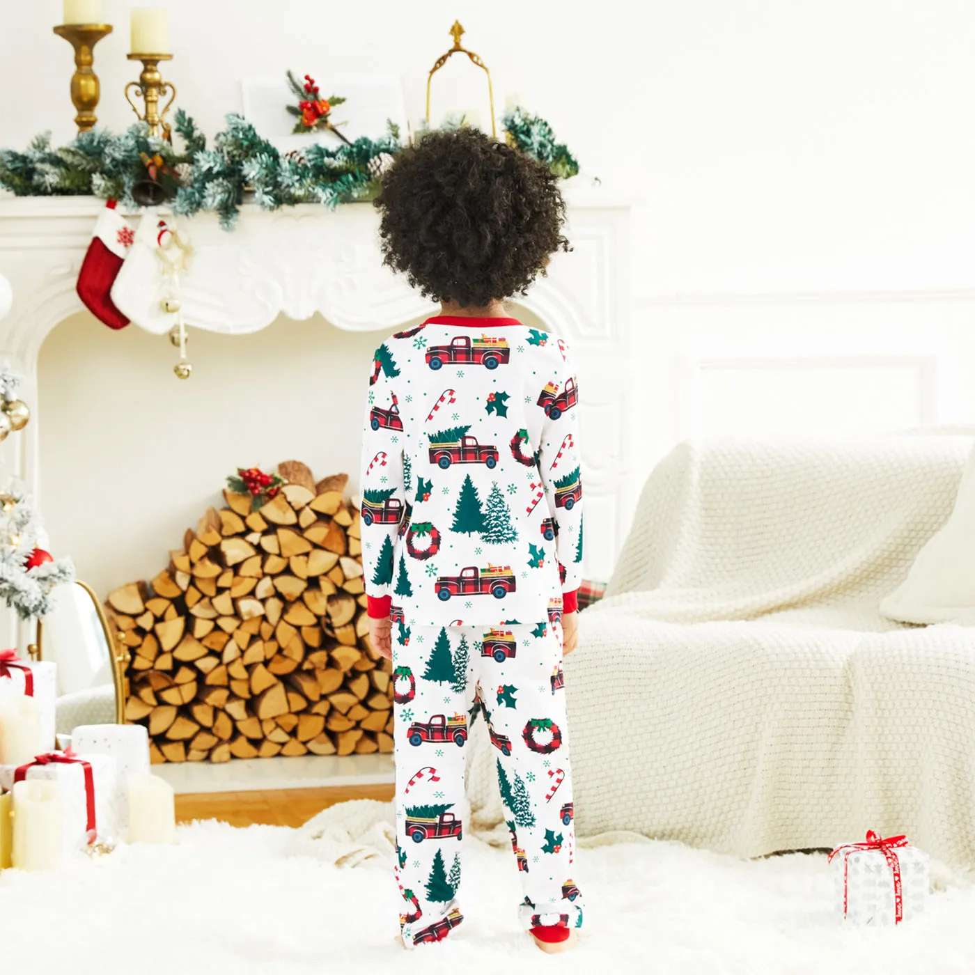 Christmas Family Matching Allover Xmas Tree & Car Print Long-sleeve Pajamas Sets (Flame Resistant)