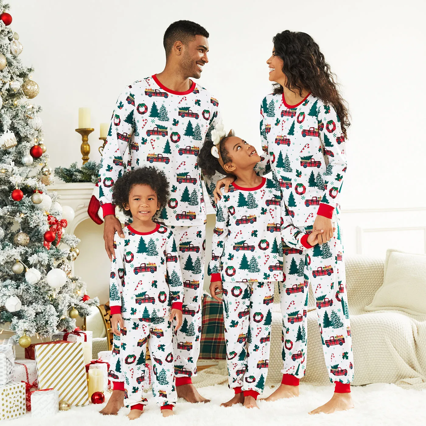 Christmas Family Matching Allover Xmas Tree & Car Print Long-sleeve Pajamas Sets (Flame Resistant)