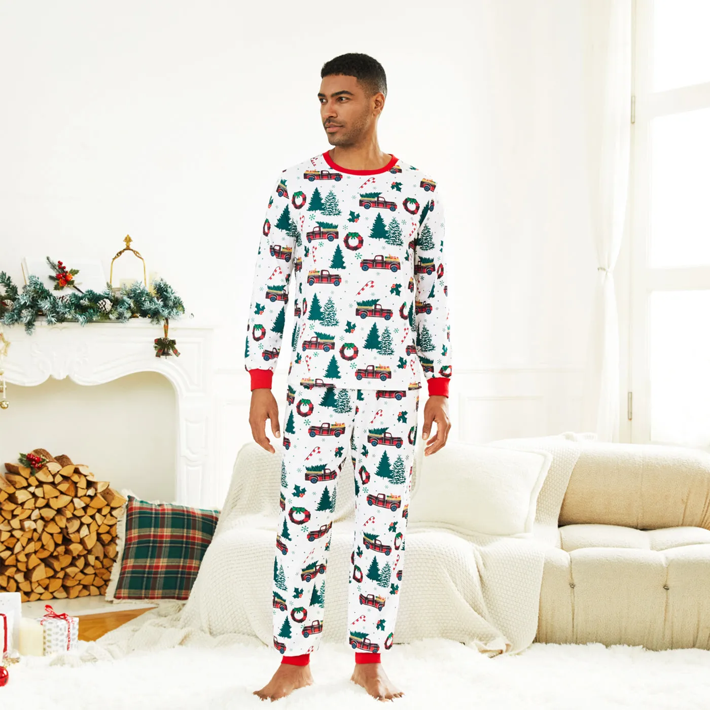 Christmas Family Matching Allover Xmas Tree & Car Print Long-sleeve Pajamas Sets (Flame Resistant)