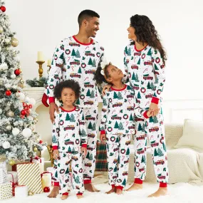 Christmas Family Matching Allover Xmas Tree & Car Print Long-sleeve Pajamas Sets (Flame Resistant)