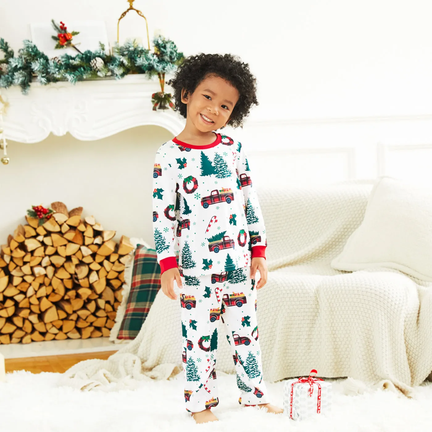 Christmas Family Matching Allover Xmas Tree & Car Print Long-sleeve Pajamas Sets (Flame Resistant)