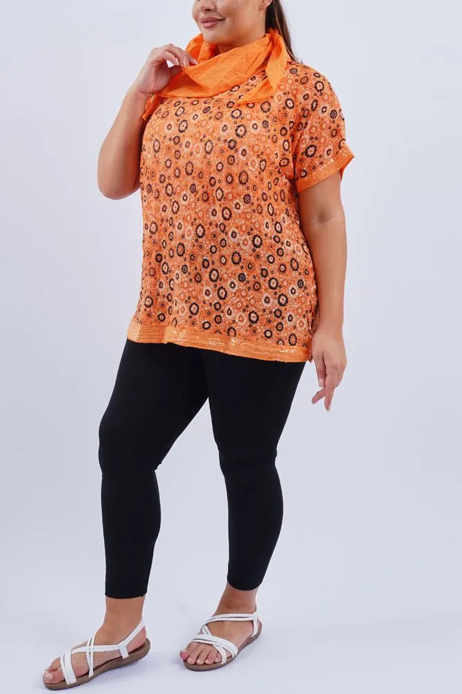 Floral Print Sequin Trim Hem Scarf Top