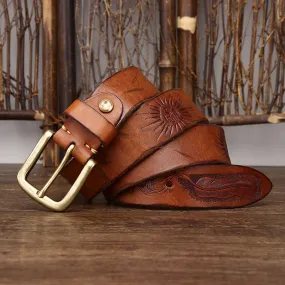 Men's Embossed Feather Pattern Pure Leather Belt