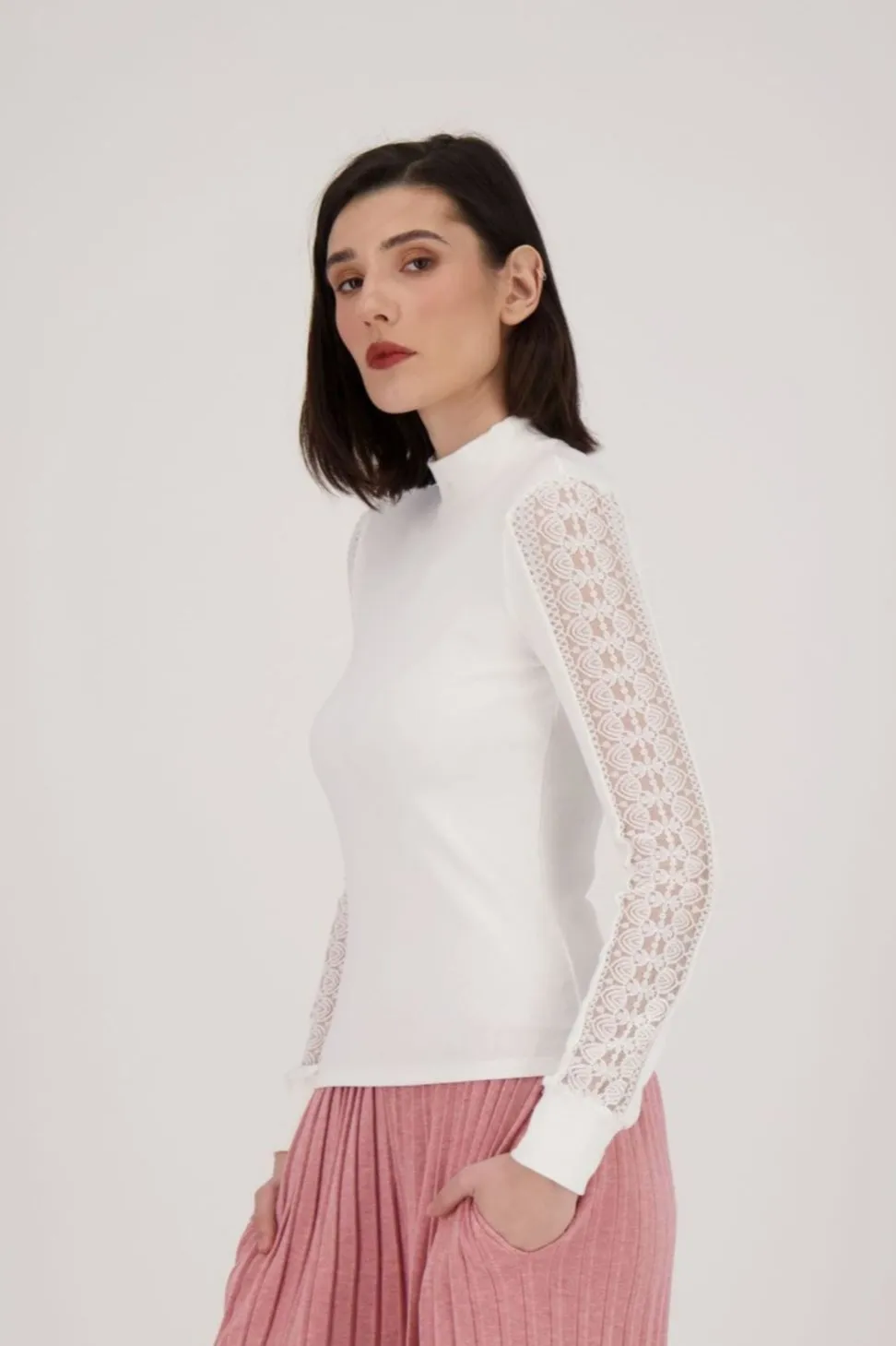 Mock Neck Lace Sleeve Top