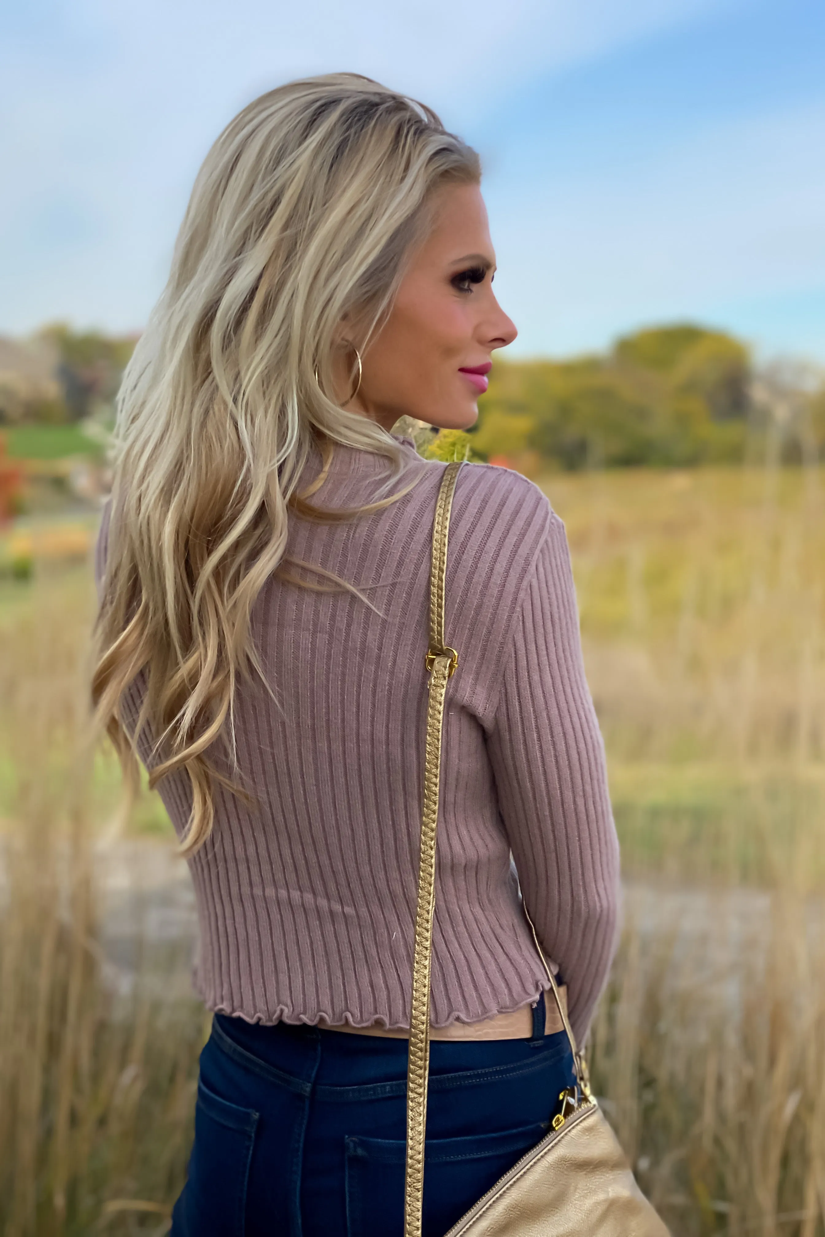 Shining Eyes Ribbed Mock Neck Sweater Top : Mocha
