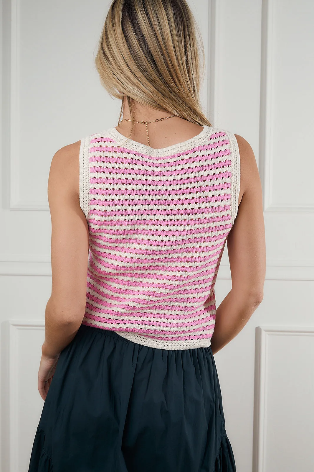 Striped Crochet Knit Tank Top in Pink