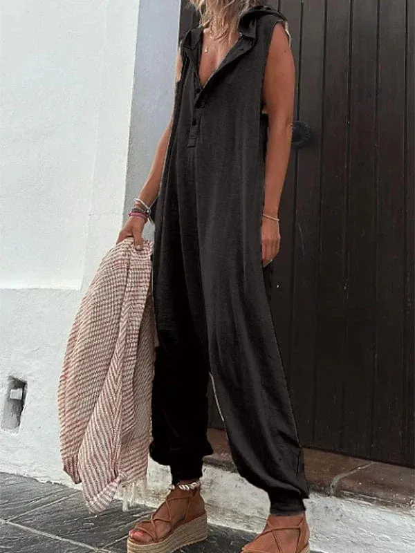 Versatile Sleeveless Women's Jumpsuit with Hood - Black, Yellow, Purple S M L Summer Fall